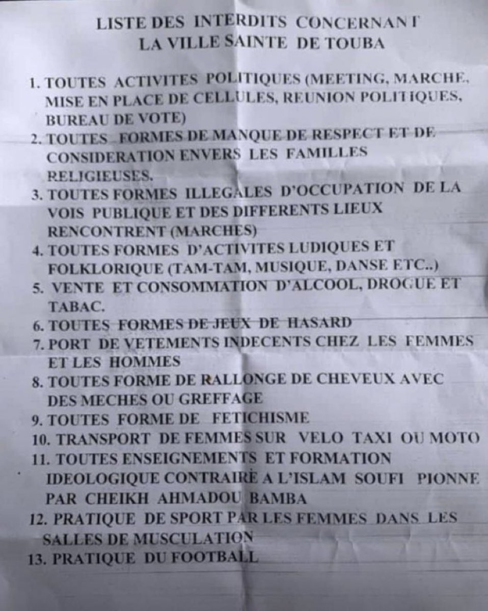 Bass_G_Mbacke's tweet photo. 🚨 LISTE DES INTERDITS CONCERNANT LA VILLE SAINTE DE TOUBA

Ngeen Bàyyi ci xel yeen ñi wara Magal si https://t.co/fyP2VGWU0N