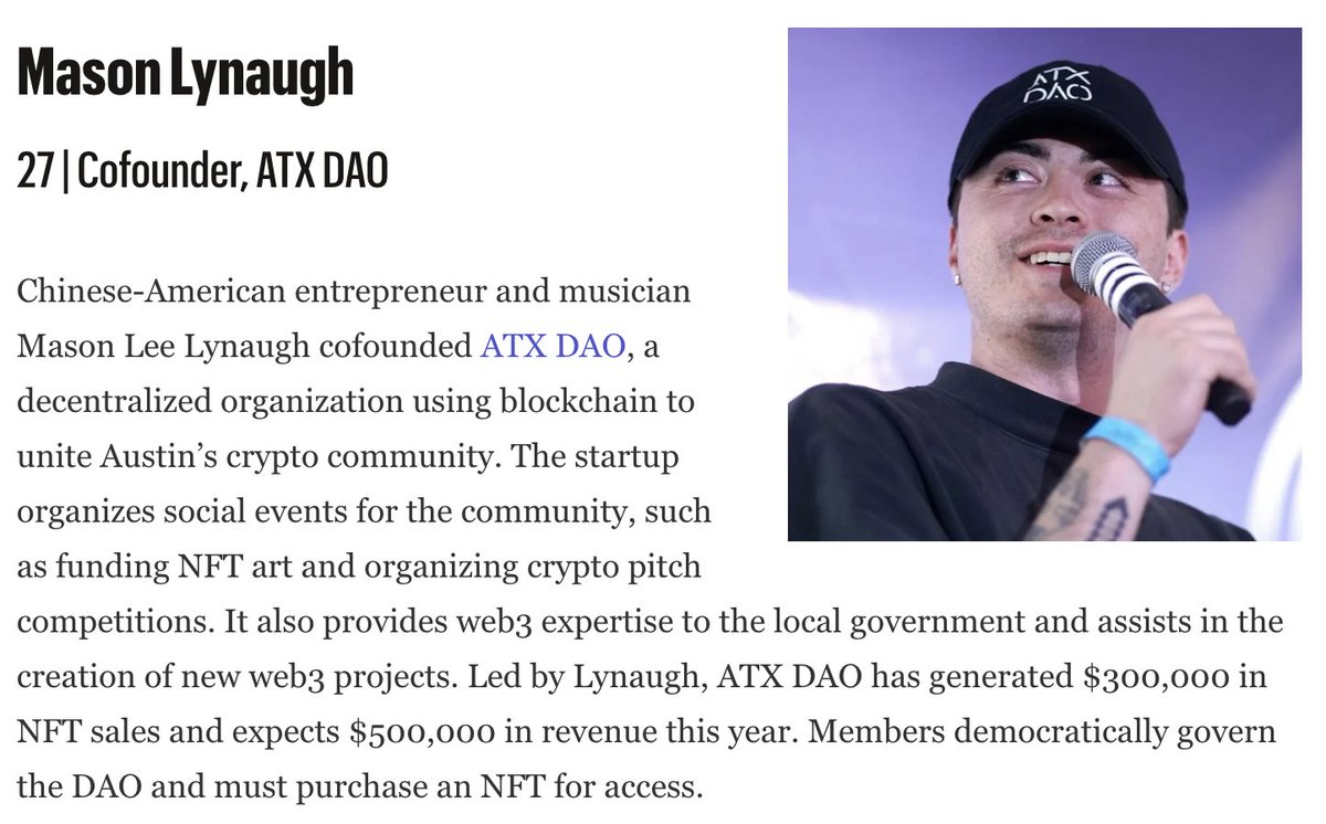 MASSIVE NEWS:

ATX DAO is represented not once, but TWICE on the Forbes 30 Under 30 Austin List.

Congratulations to <a href="/512mace/">Migrated Account</a> and <a href="/theSamPadilla/">Sam Padilla</a>!
