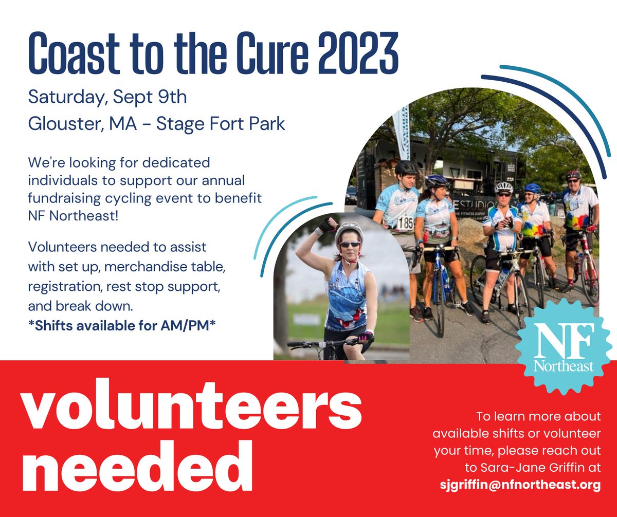 NF Northeast (@nfincne) on Twitter photo ‼️ VOLUNTEERS NEEDED ‼️
If you're available Sat 9/9 to help out with our annual Coast to the Cure cycling fundraiser, let us know!
AM/PM shifts available - Help us make a difference in the lives of those with NF!
Email sjgriffin@nfnortheast.org to volunteer or for more info 🚴 ‼️ VOLUNTEERS NEEDED ‼️
If you're available Sat 9/9 to help out with our annual Coast to the Cure cycling fundraiser, let us know!
AM/PM shifts available - Help us make a difference in the lives of those with NF!
Email sjgriffin@nfnortheast.org to volunteer or for more info 🚴