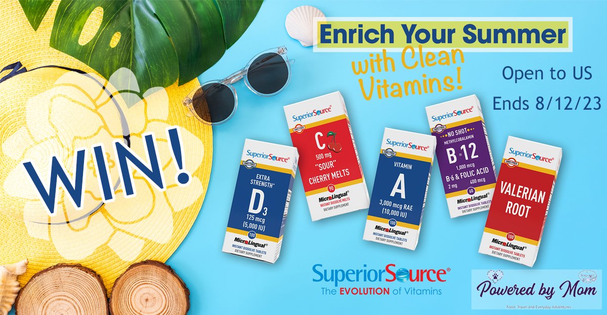 Enrich Your Summer with Clean Vitamins! Enter our #giveaway for a chance to #win $70 in
@SuperiorSource Vitamins — Valerian Root, B12/B6, A, D3, C. #nopills2swallow. NO
preservatives, fillers or chemicals. ENDS 8/12 US only.
wp.me/p2liuD-qlX