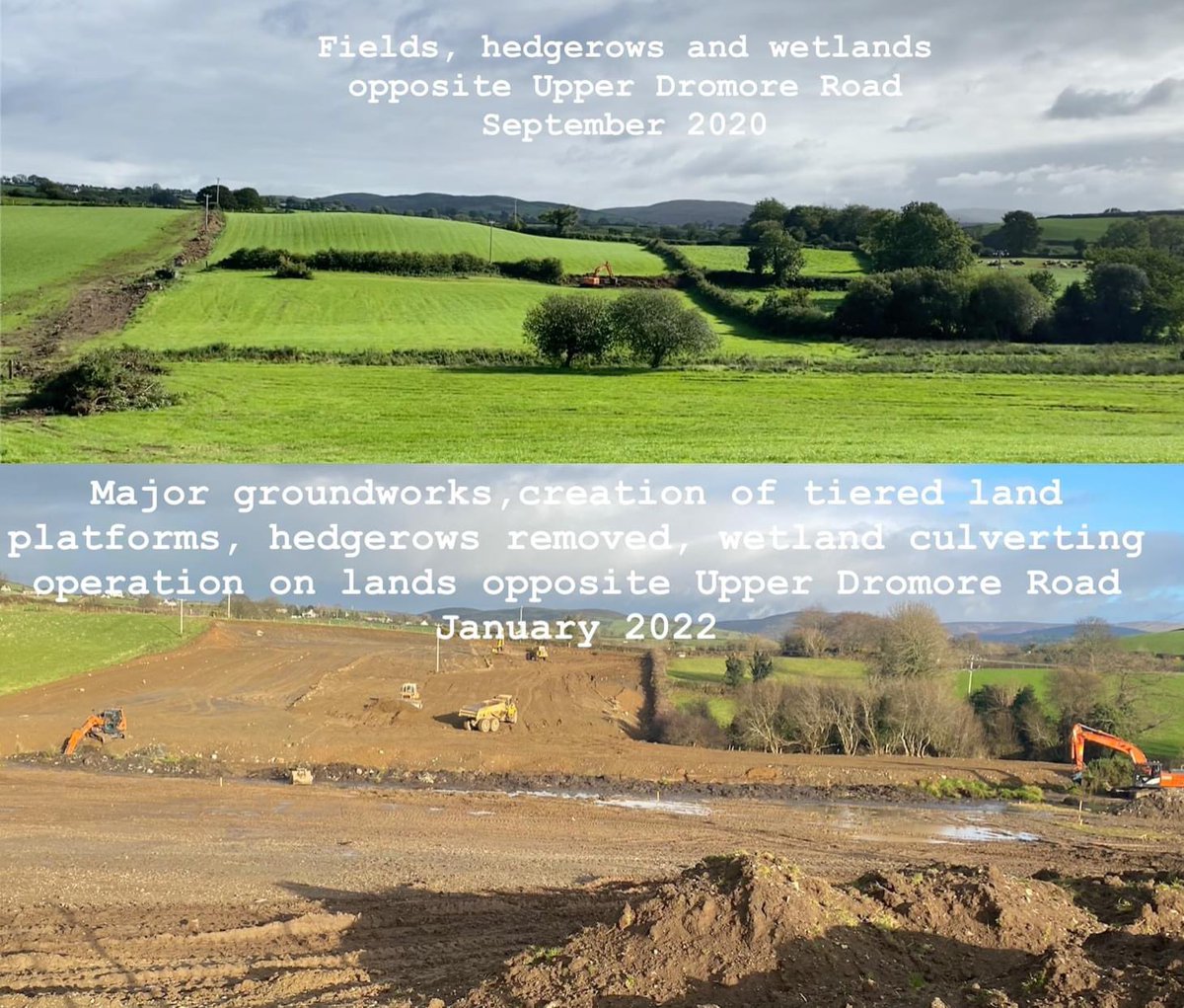 These photos from 2020 and 2022 not only illustrate the scale of the unauthorised work already carried out on this site on the Upper Dromore Road, Warrenpoint, they also highlight the farcical nature of tomorrow’s so-called “pre-application public event”.

#SystemFailNI