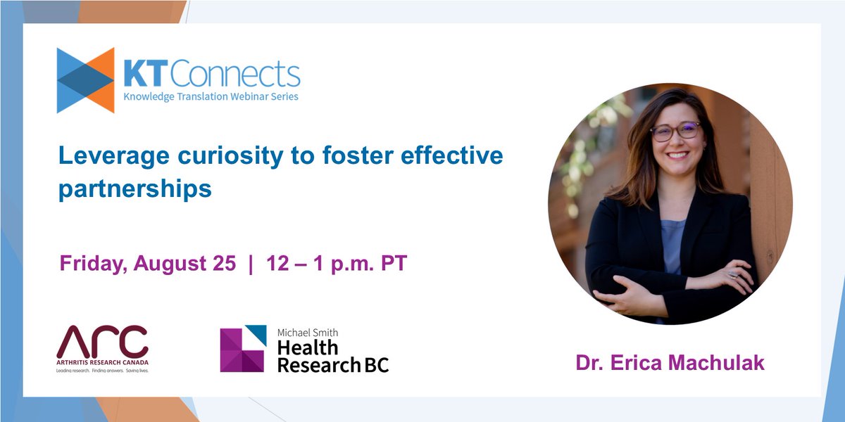 HlthResearchBC's tweet photo. Curious about cultivating effective partnerships? Join us August 25 for our next #KTConnects!  
Dr. @EricaMachulak will share how to leverage curiosity, uncover shared interests & turn connections into impactful collaborations. Register for free: https://t.co/A2PXGGwGz7 #KnowledgeTranslation