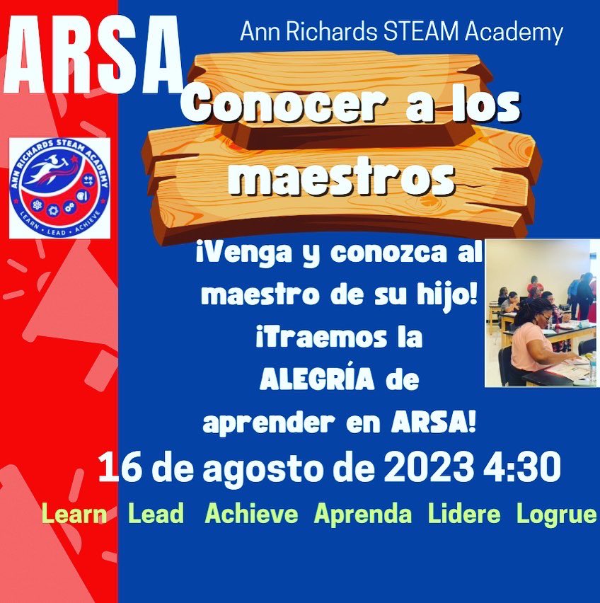 📣Meet the teachers/Conocer a los maestros 🎉<a href="/ARSADallas/">Ann Richards STEAM</a> 

Aug 16, 2023 @ 4:30-6:30 PM