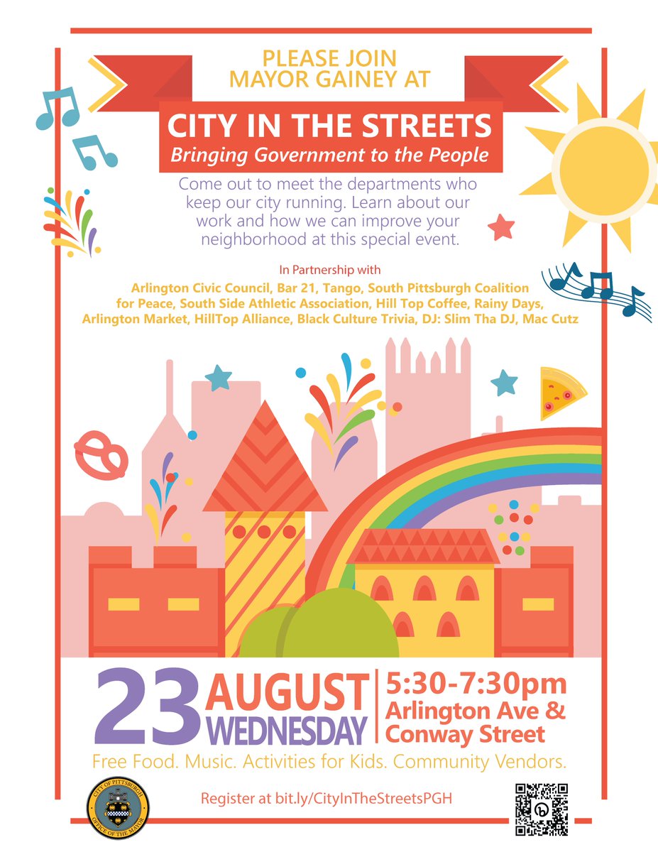 Come join us for a block party in Arlington on August 23 at 5:30 PM. We’re excited to showcase the departments that keep our city running and learn how we can support your neighborhood. RSVP today on EngagePGH! engage.pittsburghpa.gov/city-streets