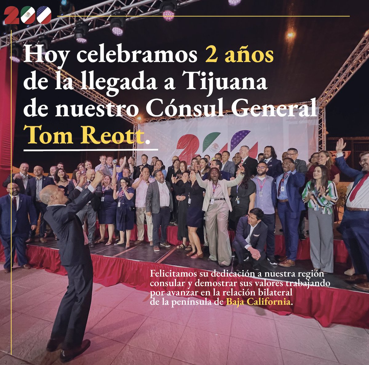 Felicitamos dos años de la llegada de nuestro Consul General en Tijuana Tom Reott, su esfuerzo ha demostrado grandes valores trabajando por una de las regiones mas importantes de la frontera.🇲🇽🇺🇸🎉 Gracias por su dedicación 🙌🏼✨ ¡Felicidades!🎊