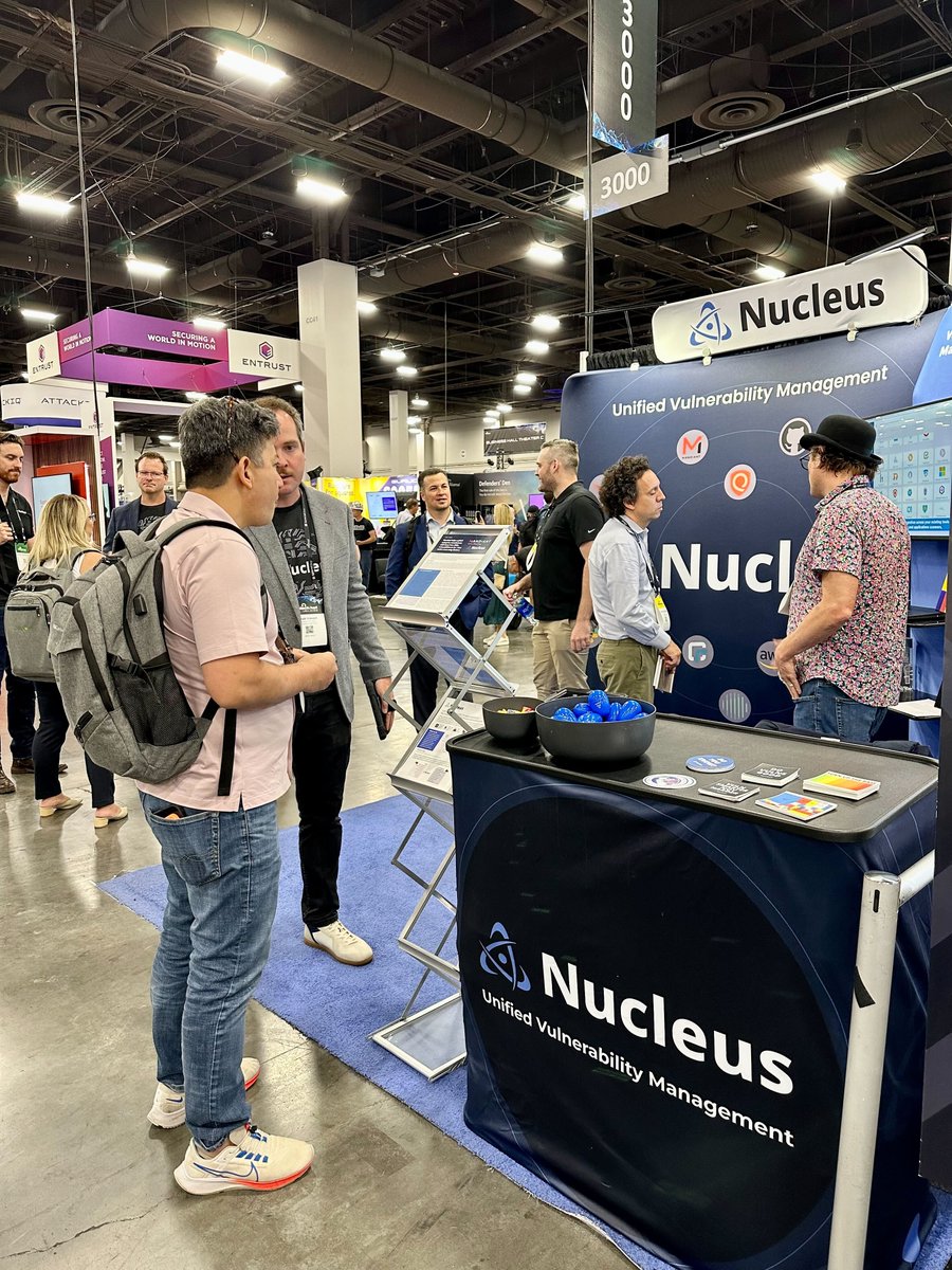 nucleussec's tweet image. #BlackHat2023 is officially underway and our team is already all-in on the fun! 🎩 We&apos;ll be at the Nucleus Booth (#2951) until 6pm today chatting about how we #DoVulnsGood - plus giving out some #CISAKEV-inspired limited edition swag! 😉 Who else is at #BlackHat?!