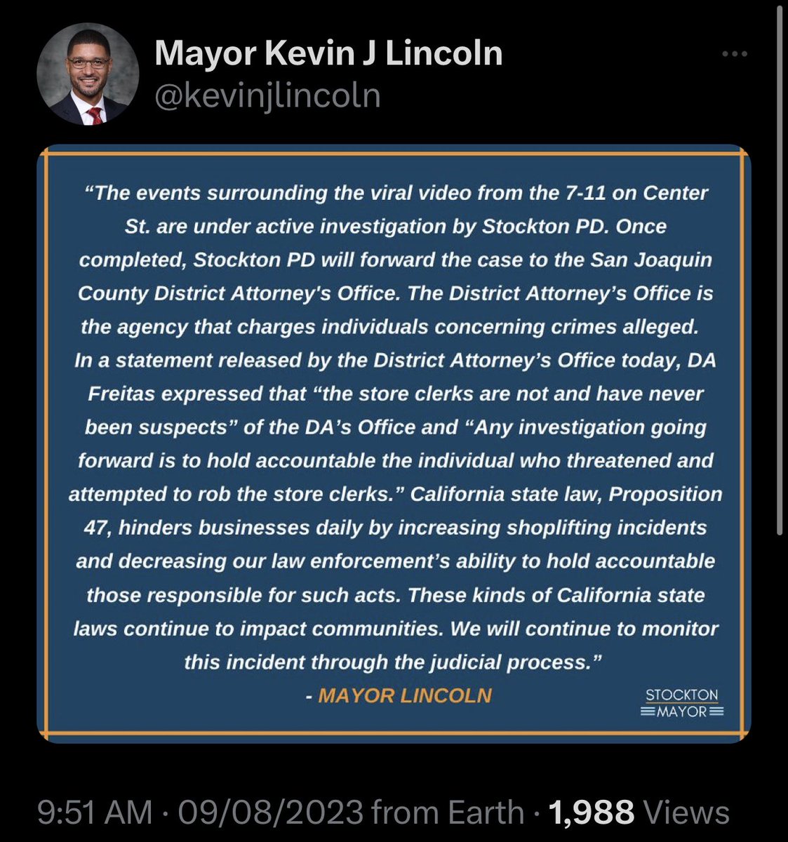 Stockton Mayor Kevin Lincoln announces that the Sikh 7-Eleven store clerks seen on a viral video dispensing justice to a shoplifter are not being charged or investigated. 

“Any investigation going forward is to hold accountable the individual who threatened and attempted to rob