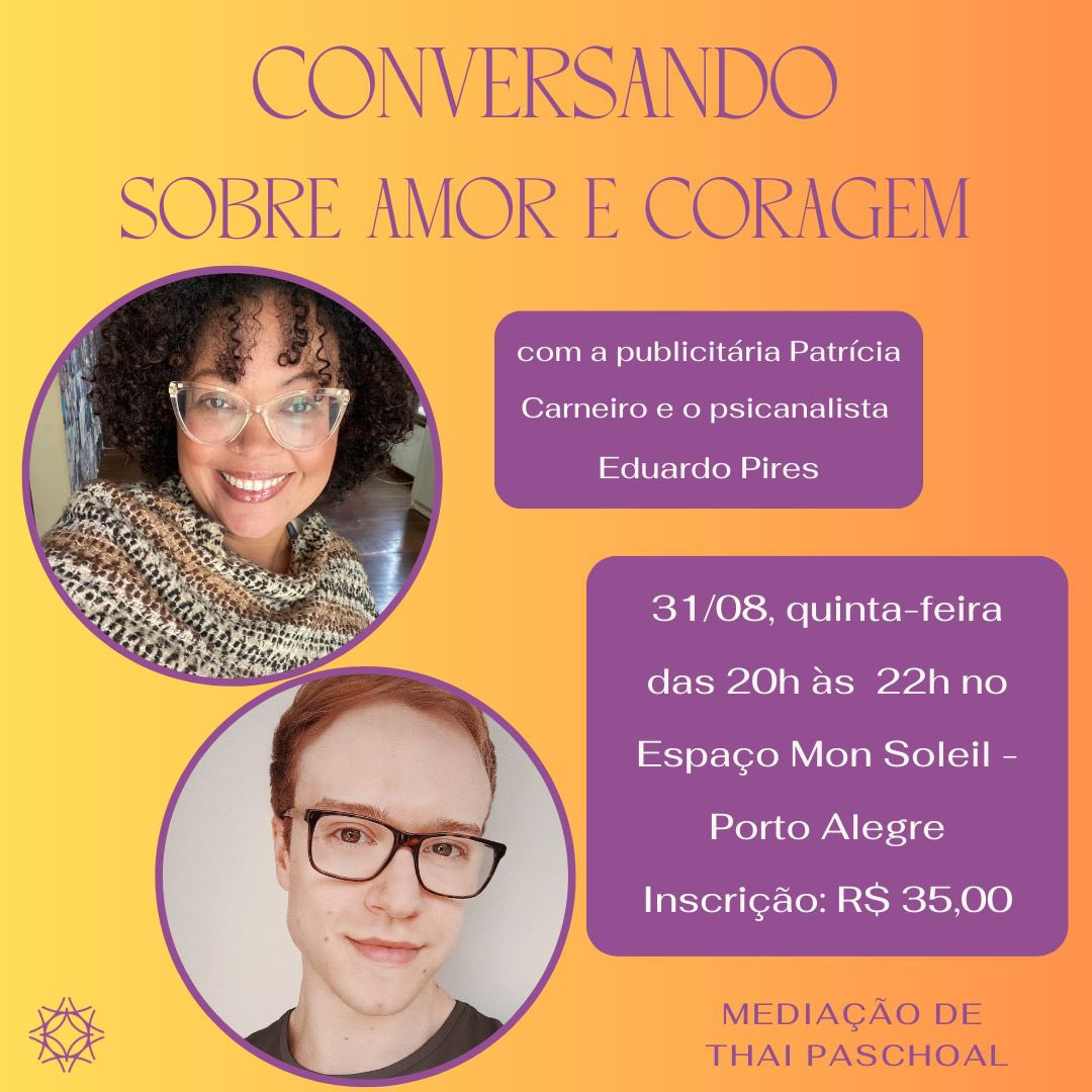 E a escrita gerou um encontro com a psicanálise e a gente te convida pra este talk super especial no Mon Soleil, em Porto Alegre ❤️ save the date: 31.08.23 das 20h as 22h. Vou levar uns roses pra gente ❤️