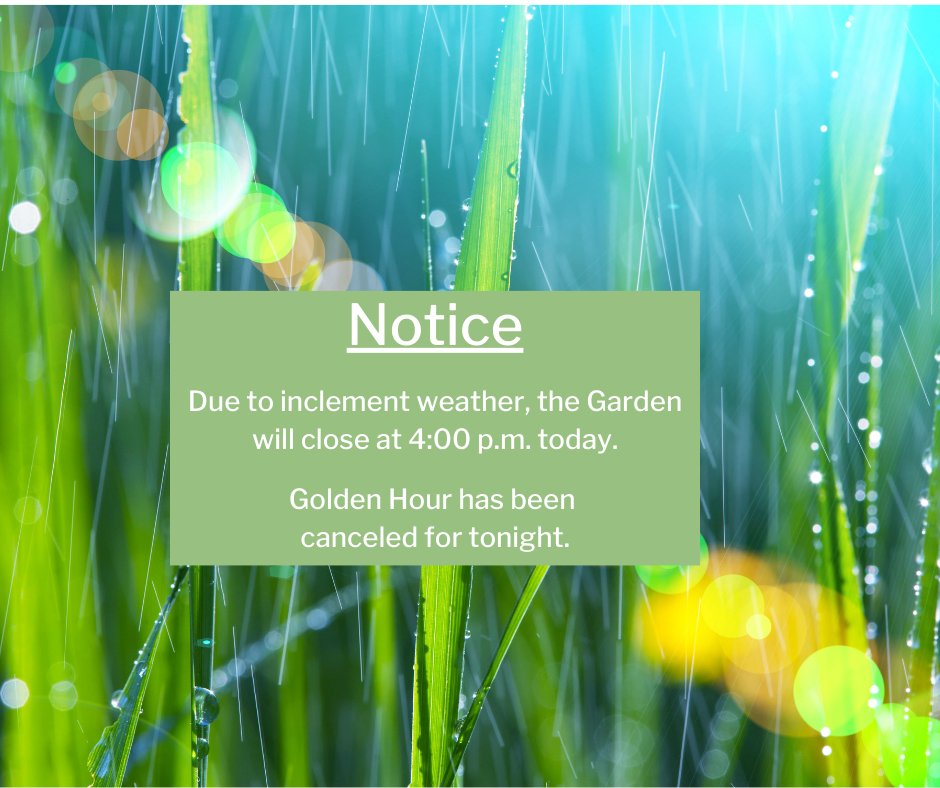 Due to the incoming storms, Golden Hour has been canceled for tonight. The Garden will close at our normal time, 4:00 p.m. today.