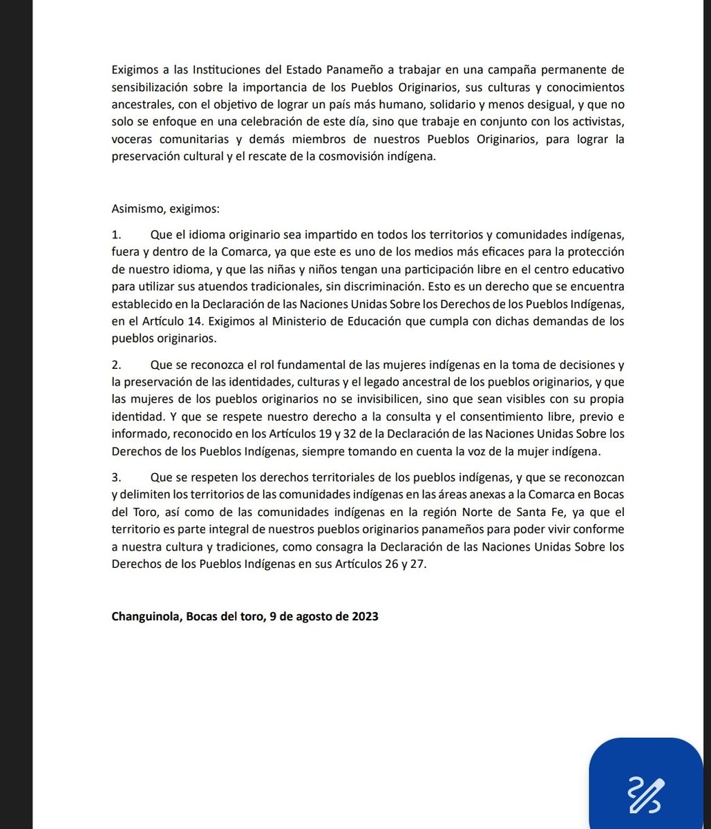 Comunicado de prensa de la Coordinadora de los Pueblos Originarios de la Área Anexa de Ño Kribo, Panama, en Conmemoración del 9 de agosto, Día de los Pueblos Originarios. #DiaInternacionalDeLosPueblosIndígenas