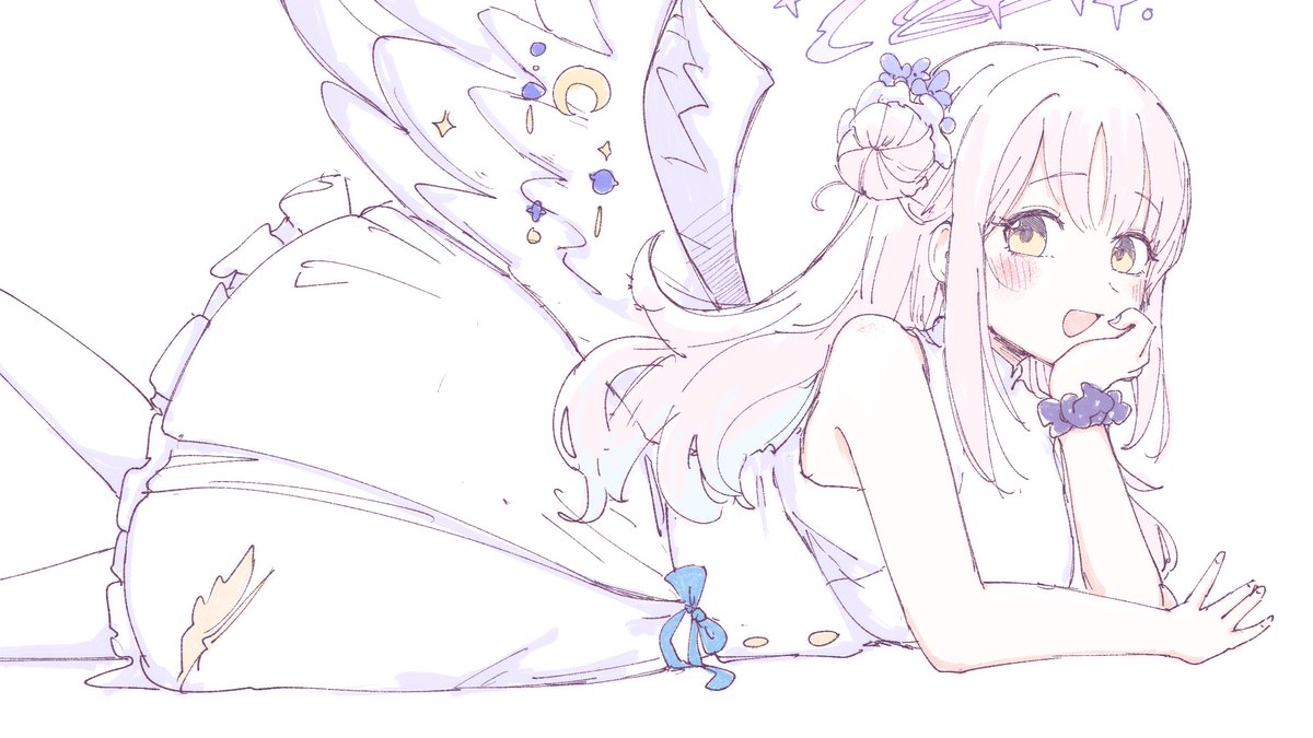 mika (blue archive) 1girl wrist scrunchie solo halo wings dress pink hair  illustration images