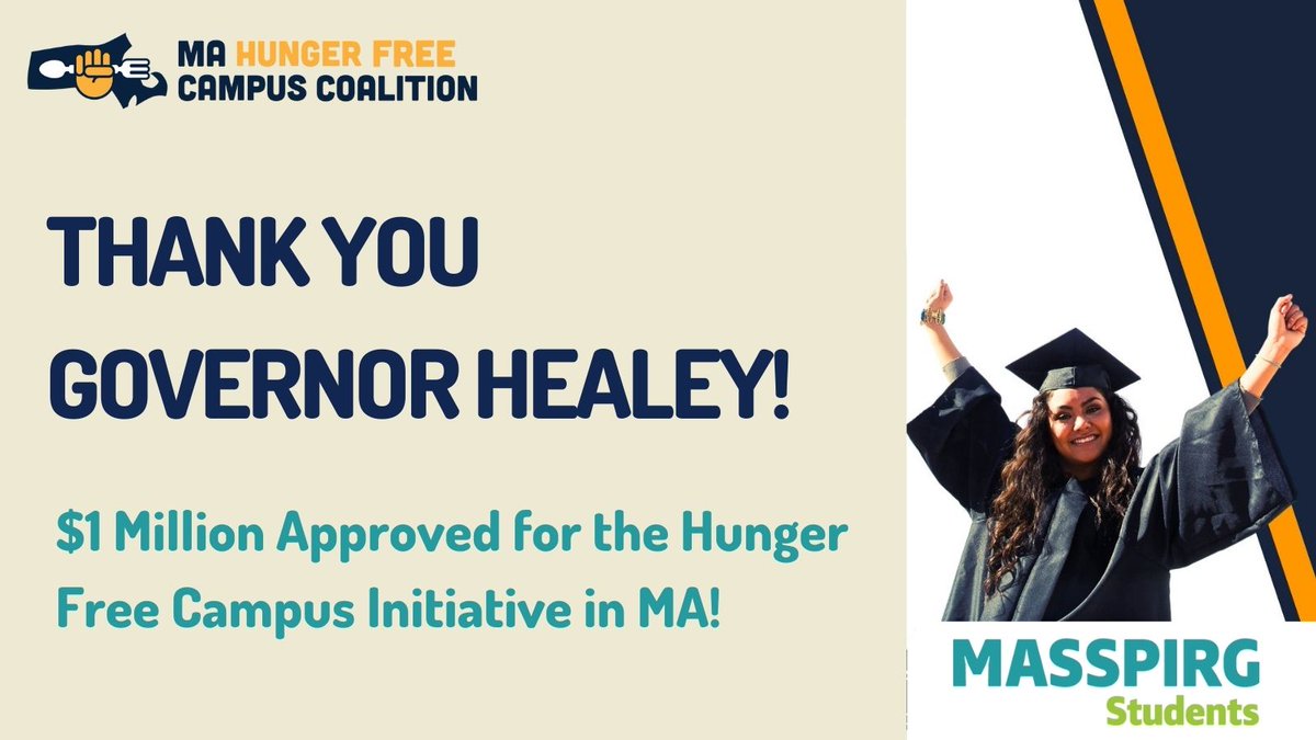 Thank you @MassGovernor Maura Healey for approving the FY24 budget and approving $1M for the #HungerFreeCampus initiative! This is a big step towards ending campus hunger. #mapoli #endcampushunger @CollegeHungerMA