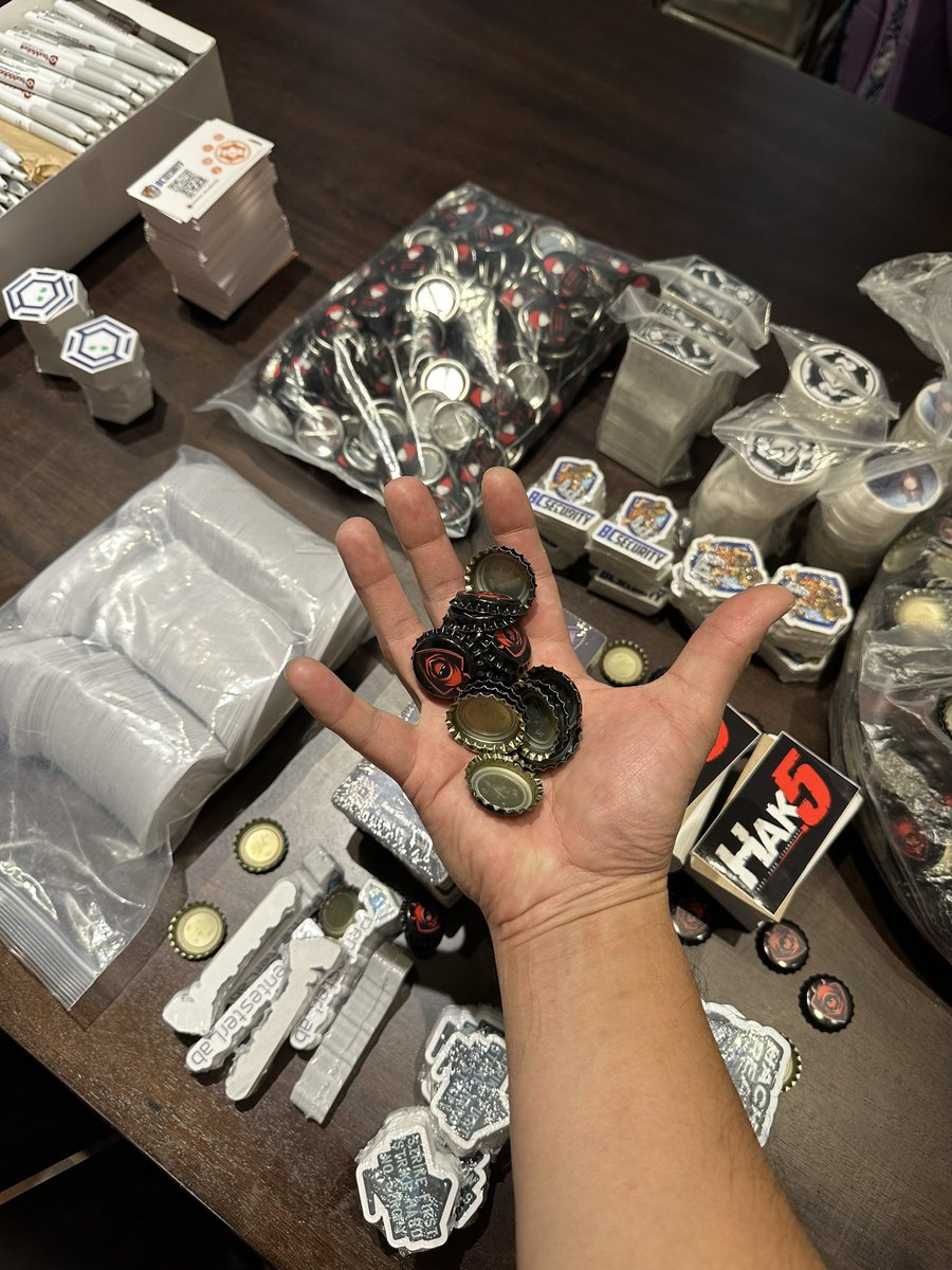 pwnEIP's tweet image. Swag packing day! We're all busily packing for the big show. @systemDumb @j0nk1m @santosomar @lazzslayer @ds1nk @NopResearcher @Rayhan0x01 @Cone_Virus @Rayhan0x01 @RedTeamVillage_ @ippsec
