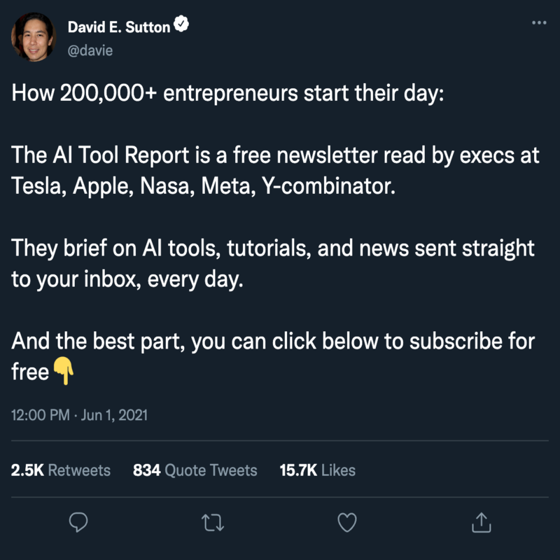 AIToolReport's tweet photo. "My boss thinks I'm an AI genius, (I'm not) it's because I read The AI Tool Report (and they have no idea it exists.)" - AI Tool Report Reader