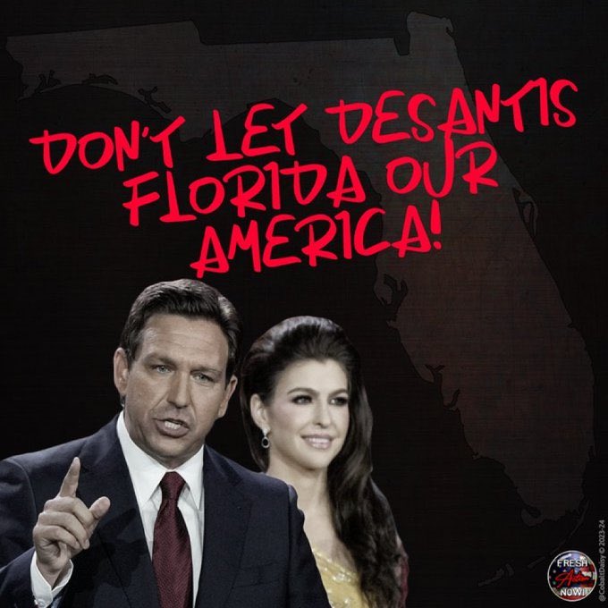 LqLana's tweet photo. Ron DeSantis won't tackle the high cost of living in Florida. 

DeSantis won't talk about malaria and leprosy running amuck in his state. 

DeSantis won't make sure that Floridians have health care or home insurance. 

Construction has stalled. Conventions have declined to have events in Florida. 

He is way behind an indicted rapist in the polls. 

But what does he do? The thing that gives him pleasure. 

He suspends Attorney Monique Worrell, top prosecutor, and a Democrat. 

The second removal of a democratic state attorney. What a disgusting abuse of power.

He won’t be happy until the Sunshine State becomes Klan Country. #FreshVotesBlue
