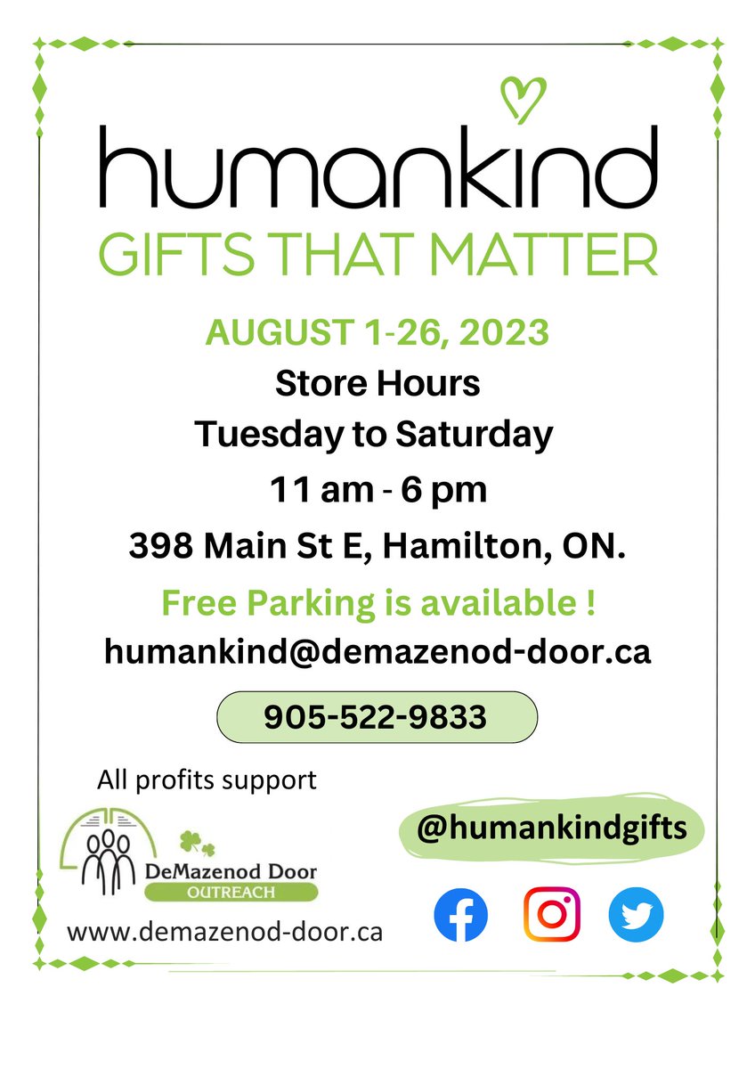humankindgifts's tweet photo. Stop by during the summer to shop comfortably with our extended summer hours and free parking!

#hamont #demazenoddoor #DeMazenodDoor #demazenoddooroutreach #humankindgiftsthatmatter https://t.co/CIdkdoK8LT