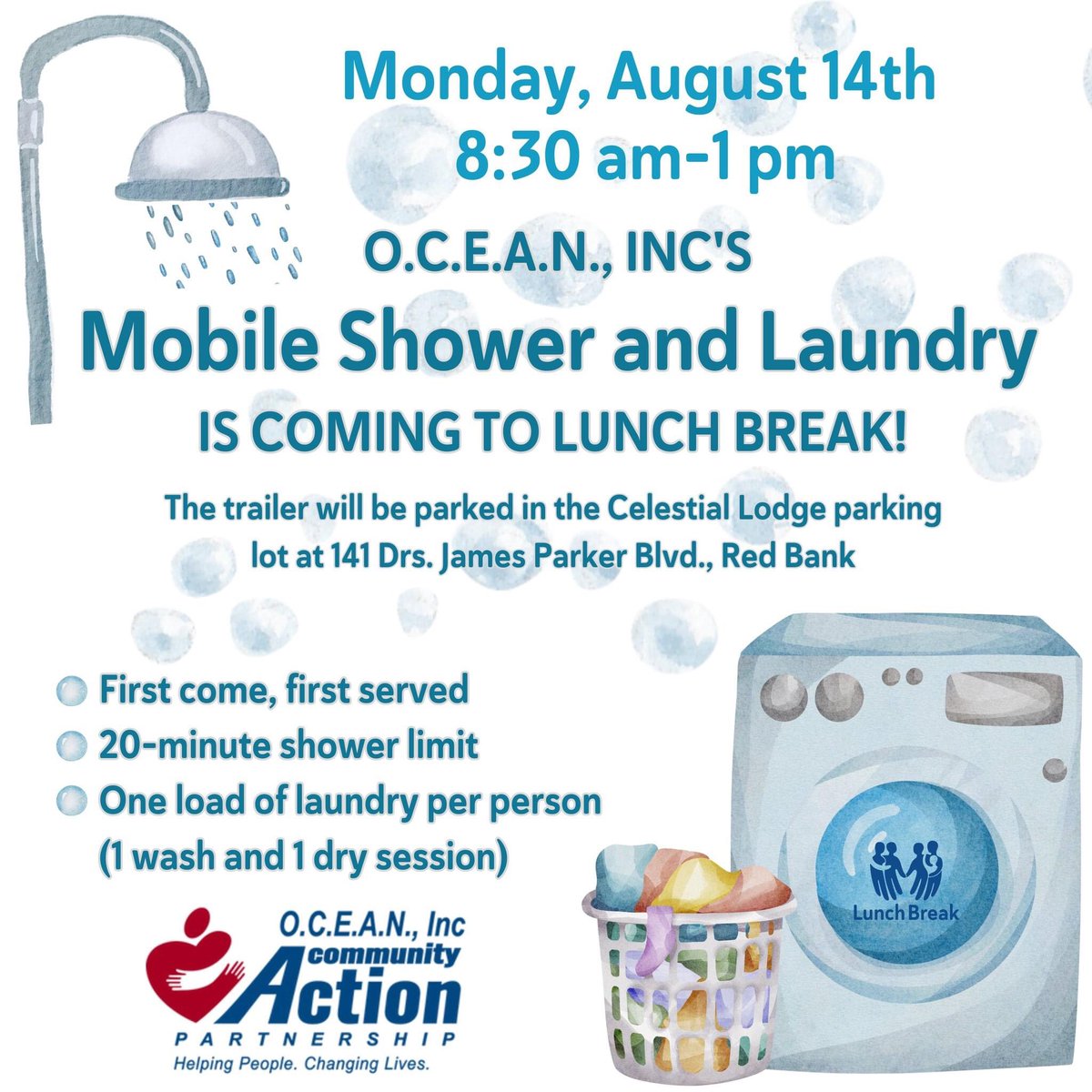 lunchbreakNJ's tweet photo. Showers on the horizon
O.C.E.A.N., Inc. Community Action Partnership is offering mobile shower and laundry facilities at the Celestial Lodge parking lot, 141 Drs. James Parker Blvd., Red Bank, on Aug. 14th from 8:30 a.m.-1 p.m. #whywebreak #helpfortodayhopefortomorrow https://t.co/tdoTliAoNf