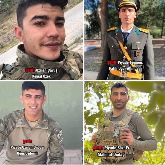 Irak'ın Kuzeyi Pençe-Kilit Operasyonu Bölgesi
 4 Askerimiz Şehit

-P. Uzm. Onb. Uğur ÖZDEMİR
-P. Tğm. Fatih Uğur ALTINBAŞ
-İs. Uzm. Çvş. Kemal ÖZEK
-P. Söz. Er Mahmut ÜÇDAĞ   

Ruhunuz şad olsun.
Vatan size minnettar.
Vatan sağ olsun. 🇹🇷