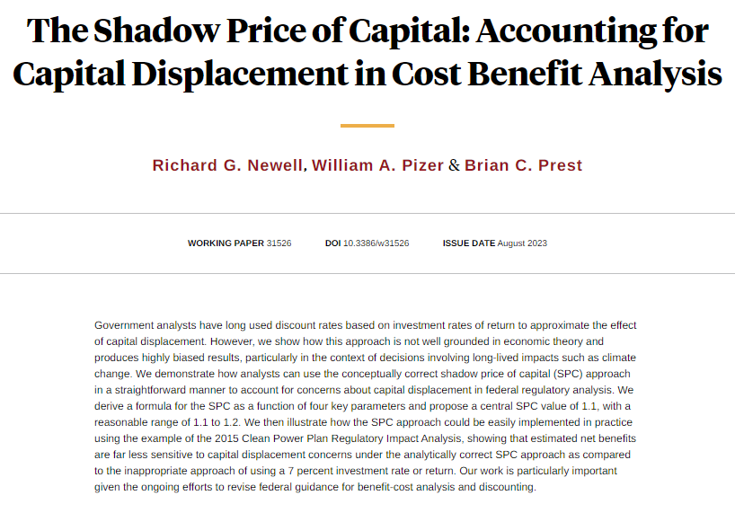 NBER (@nberpubs) on Twitter photo Discounting in benefit-cost analysis using investment rates of return can yield very misleading estimates of the costs and benefits of policies with long-lived impacts, from <a href="/richardgnewell/">Richard Newell</a>, <a href="/billypizer/">Billy Pizer</a>, and <a href="/bprest/">Brian Prest</a> nber.org/papers/w31526 Discounting in benefit-cost analysis using investment rates of return can yield very misleading estimates of the costs and benefits of policies with long-lived impacts, from <a href="/richardgnewell/">Richard Newell</a>, <a href="/billypizer/">Billy Pizer</a>, and <a href="/bprest/">Brian Prest</a> nber.org/papers/w31526