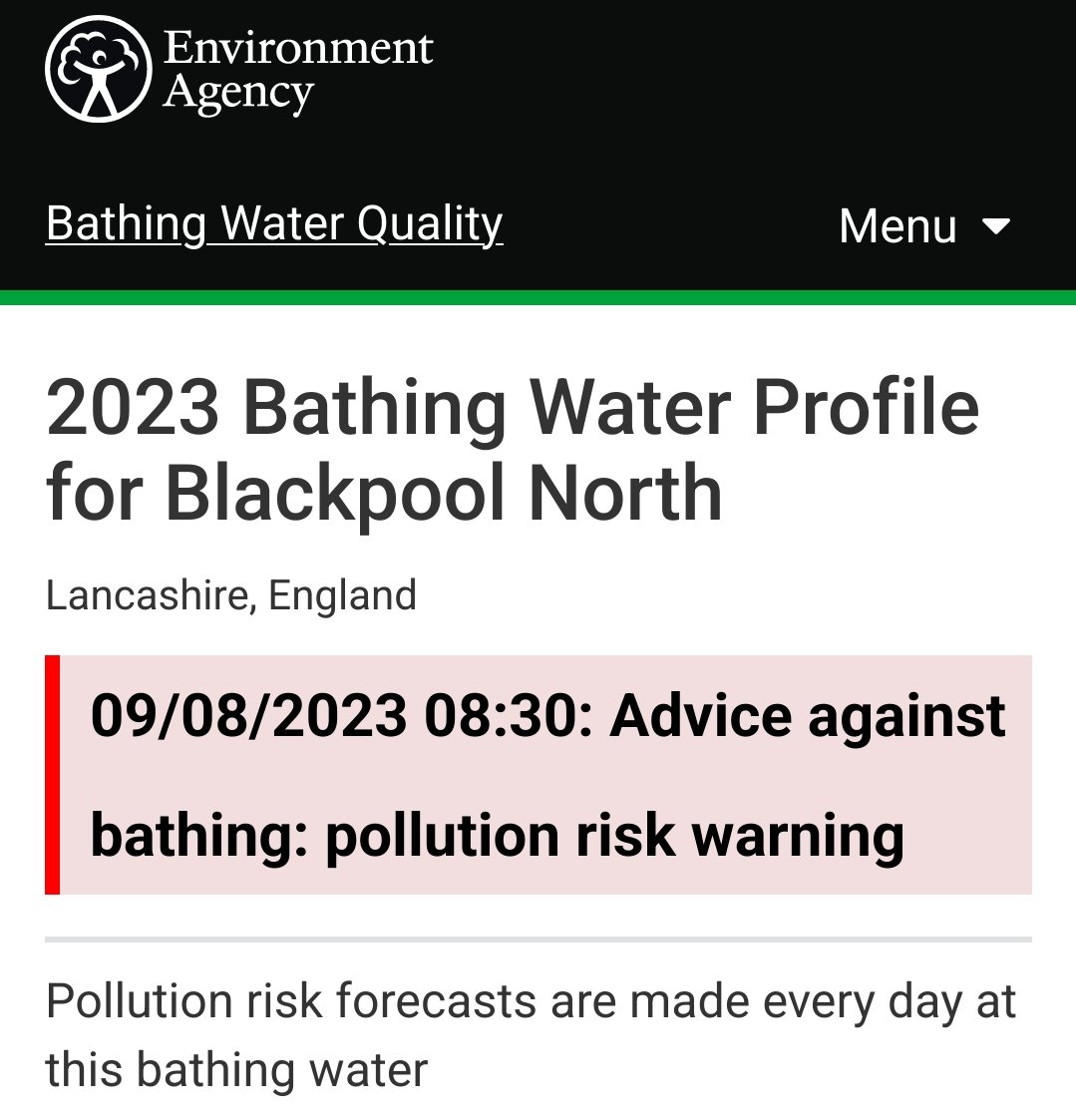 cleveleysnews's tweet photo. Reminder that Blackpool North beach has a current pollution warning from the environment agency and is warning against swimming and paddling for the entire 2023 season. #sewage #sewagegate @Feargal_Sharkey https://t.co/Eqgd0exc6E
