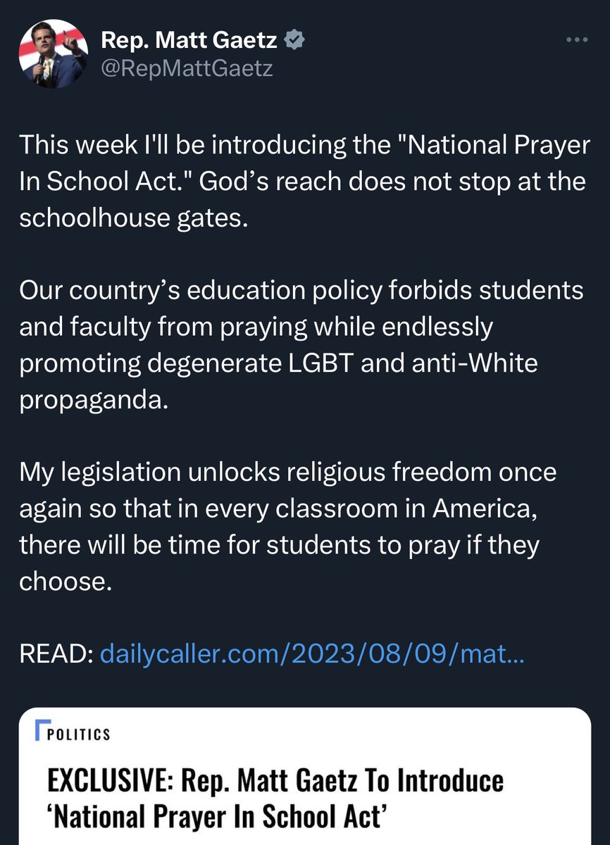americnhumanist's tweet photo. Students can pray before, during breaks, and after school. They don’t need (and many don’t want) sanctioned time to pray or adults forcing religion on them. School is a time to learn, make friends, and develop life skills. 

@RepMattGaetz, keep your religion out of our schools! https://t.co/9NGan1Z3n7