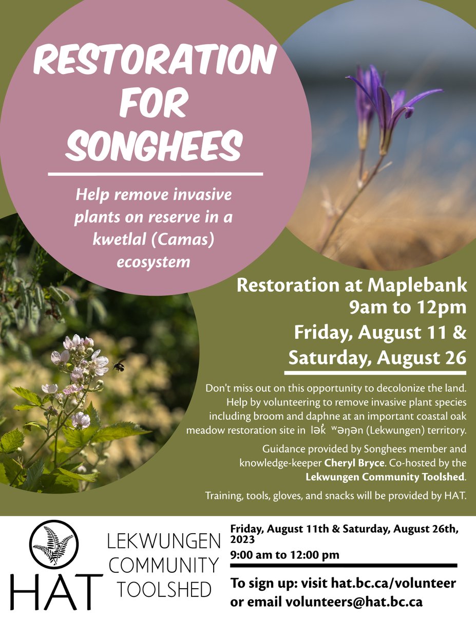 Help remove invasive plants on reserve in a kwetlal (Camas) ecosystem!

Friday, August 11 &amp; Saturday, August 26, 2023
9am - 12pm

Sign up: hat.bc.ca/volunteer or email volunteers@hat.bc.ca

Poster photos: Karissa Chandrakate instagram.com/pangea1010/ karissachandrakate.com