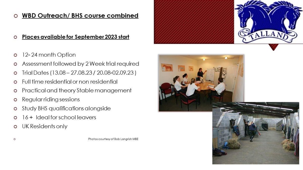 The Talland School of Equitation (@tallandsofe) on Twitter photo TALLAND WBD PROGRAMME
Looking for a career in the Equestrian Industry? Combines both City & Guilds, and BHS qualifications.
Contact secretary@talland.net TALLAND WBD PROGRAMME
Looking for a career in the Equestrian Industry? Combines both City & Guilds, and BHS qualifications.
Contact secretary@talland.net