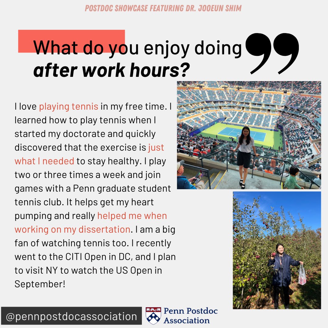 PennPPA's tweet photo. @jooeun_shim @PennGSE In the next part of our #PostdocShowcase featuring @jooeun_shim, she gets candid about her passion for tennis and finding a healthy way to ‘ace’ her dissertation that stuck on! 🎾
#PPA #PPAPostdocShowcase #Postdoclife #GrandSlamFan https://t.co/aEqoNudI1C