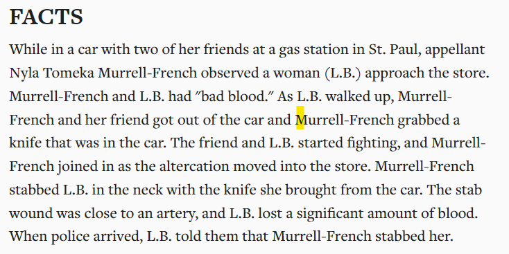 CrimeWatchMpls's tweet image. Nyla Tomeka Murrell-French, 09/01/1999, was convicted in 2019 on 1st degree assault and sentenced to 7 years in prison for stabbing a 17-year-old rival in the neck at a St. Paul gas station.

#MNmath: 7 years = 4.6 years, which would have meant release in Oct. 2023.

However,…
