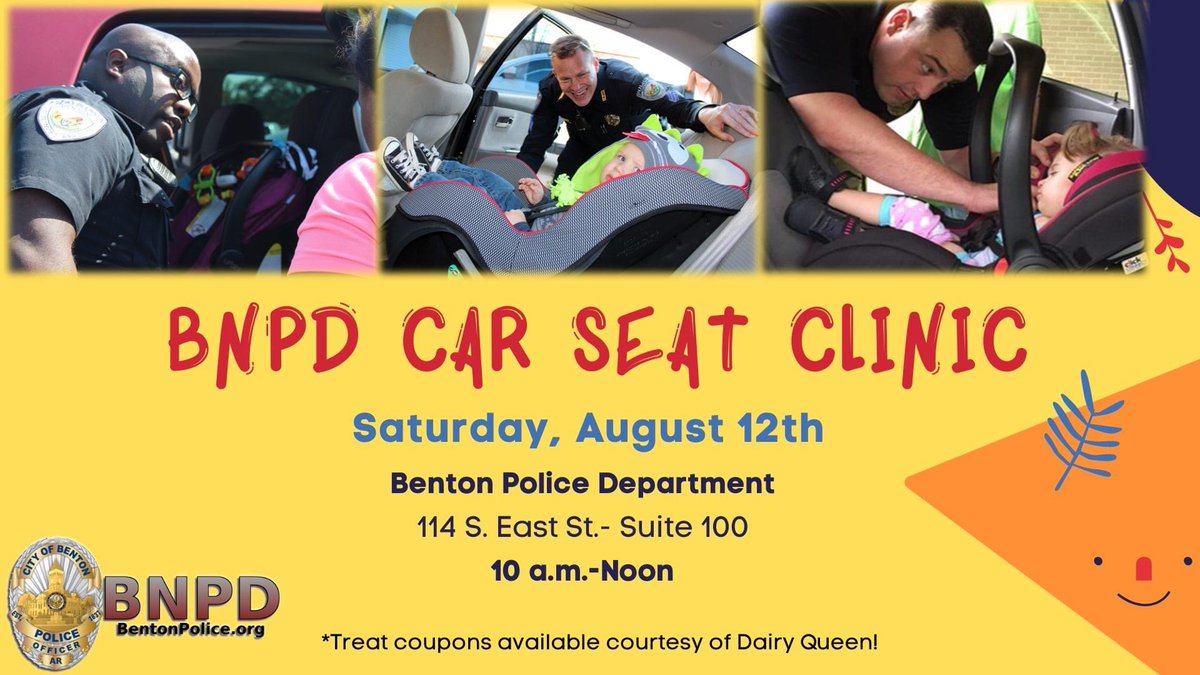 CAR SEAT CLINIC SATURDAY, AUGUST 12TH! We'll be at the station from 10 a.m. to noon to help install your child's car seat or inspect one that's already installed for right fit & expiration. It helps if the child is with you for sizing but is not required. #BNPD #CommunityFirst