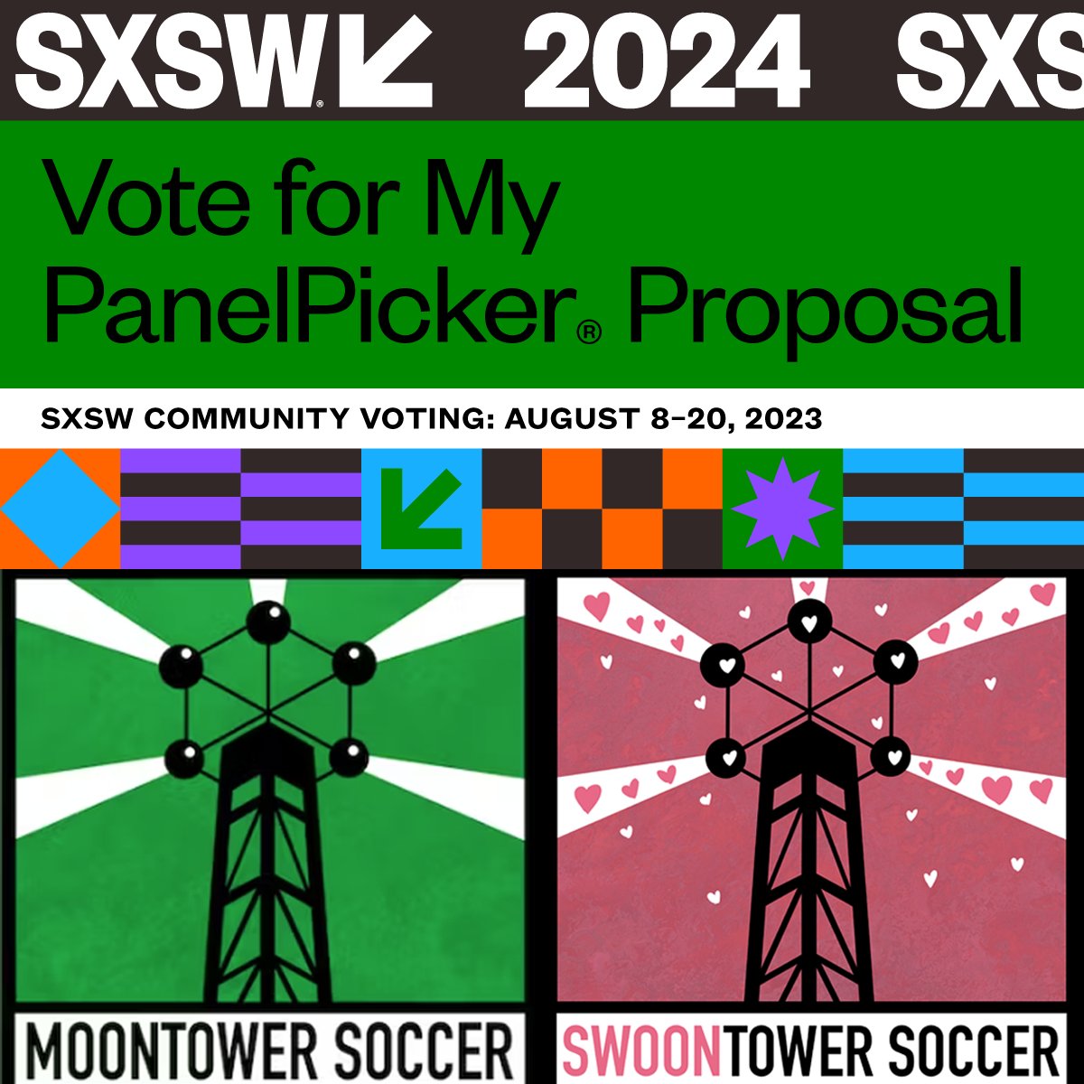 BIG NEWS <a href="/MoontowerSoccer/">Moontower Soccer - An Austin FC Podcast</a> fans!!
<a href="/futureXskeleton/">Mike Crugnola</a> , <a href="/ElViajero87/">Landon Cotham</a> , <a href="/JBentley_ATX/">Jeremiah Bentley</a> and I have proposed a live Moon/Swoontower panel for #SXSW2024!

We hope to talk about the future of locally centered sports media, give a preview of the new #AustinFC season, and run a live bracket!