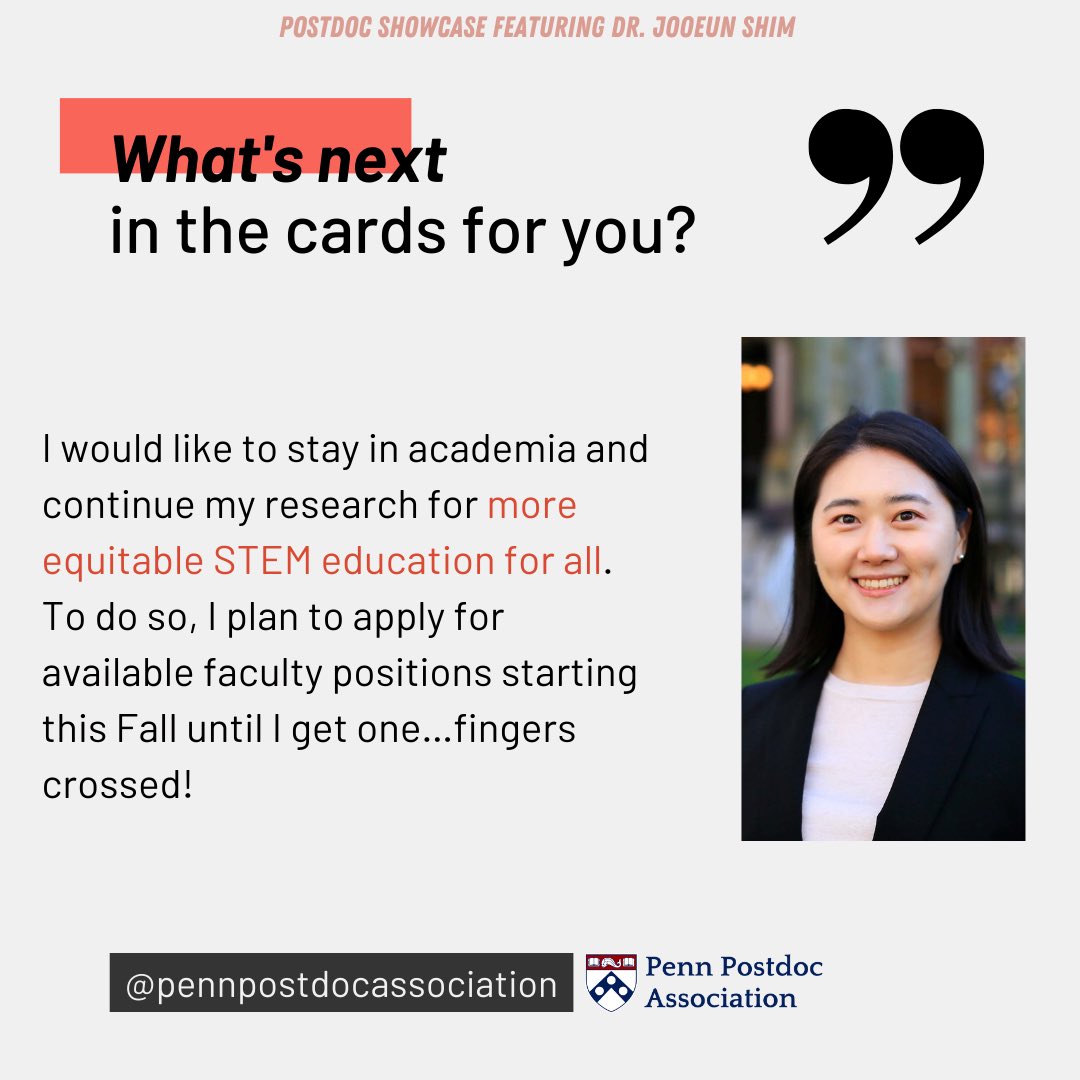 PennPPA's tweet photo. @jooeun_shim @PennGSE In the last part of our #PostdocShowcase featuring @jooeun_shim, Dr. Shim shares her plans for an academic career.
We wish Jooeun all the best for a wonderful future and continue her valuable contributions to the field of Education!
#PPA #PPAPostdocShowcase #Education https://t.co/uMWgf96V4L