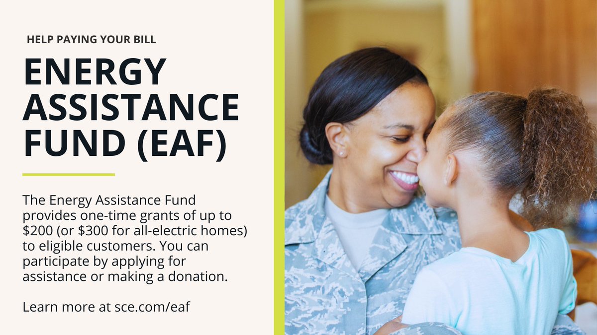 SCE's tweet photo. Our Energy Assistance Fund (EAF) provides short-term relief to those in need, like seniors on a fixed income, young families with children, and veterans. Explore the #billhelp program, here: https://t.co/cZVtnvudwd https://t.co/k3HkQbubkJ