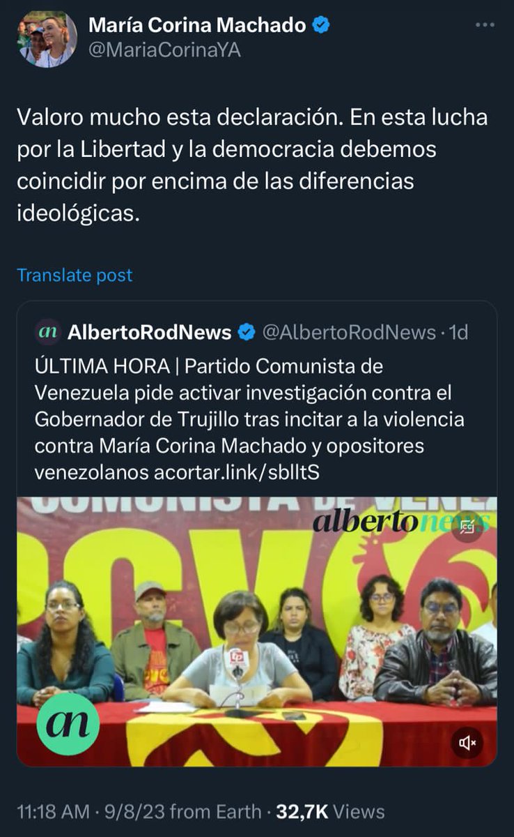 Definitivamente el Mundo al revés!🙃

El PCV ha salido en defensa de María Corina Machado, quién representa a la oposición de la ultraderecha; quien en repetidas e innumerables veces a llamado a una intervención extranjera a nuestro país, Venezuela!

#9Ago #14AñosDeAmorTricolor