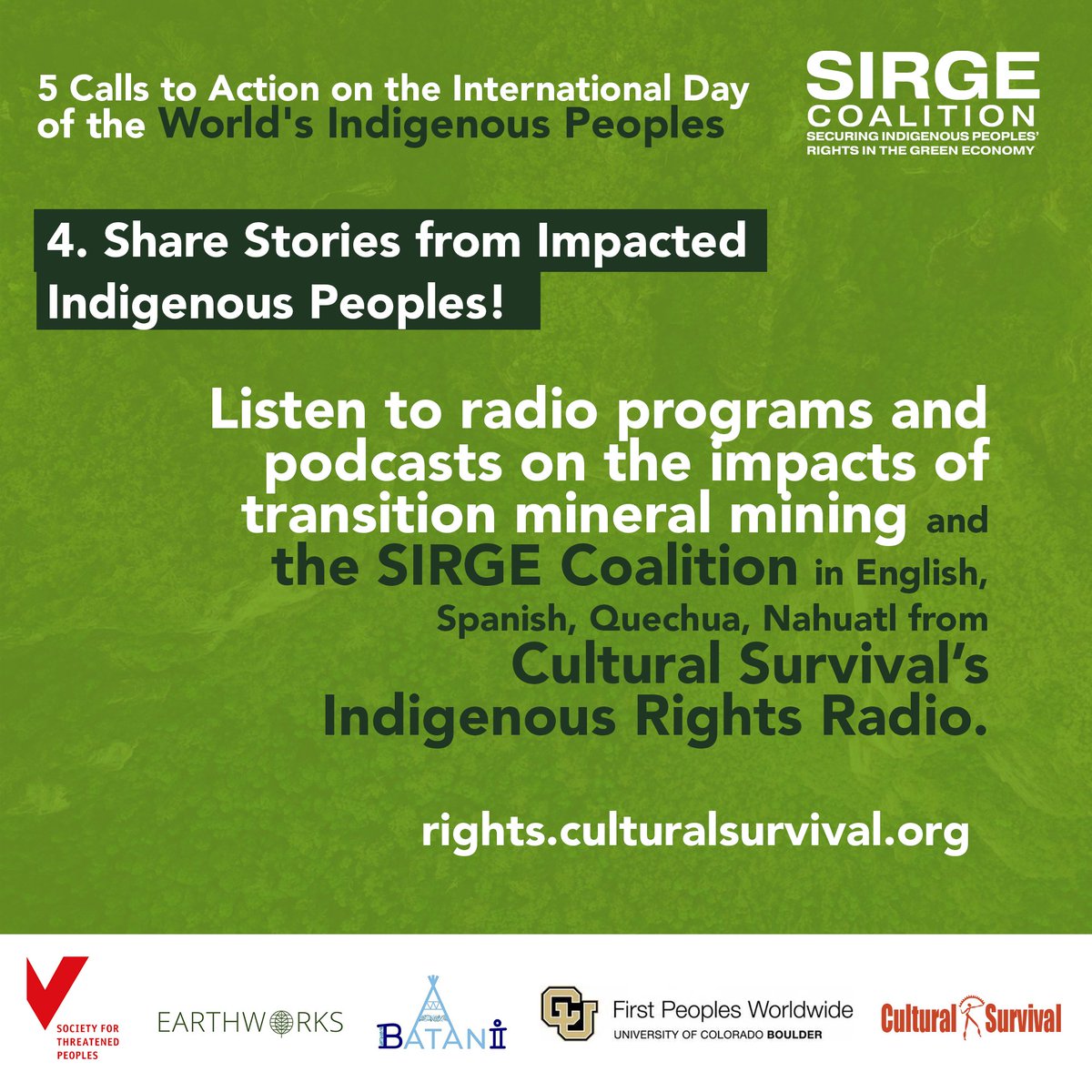 @CSORG 🎙️ Listen to Indigenous Rights Radio in English, Spanish, Quechua, and Nahuatl: rights.culturalsurvival.org

📖 Read about how mining for transition minerals is affecting Indigenous communities: sirgecoalition.org/case-studies

📺 Meet Members of the #SIRGECoalition: sirgecoalition.org/steering-commi…