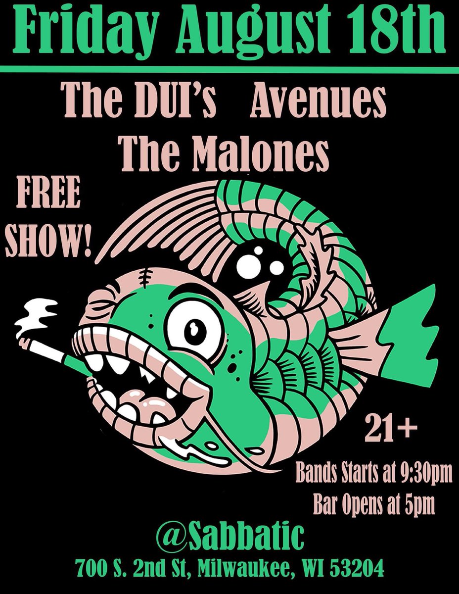 🚨FREE SHOW🚨Come party with us next week Friday at Sabbatic with our buddies The DUIs and The Malones!! 😎

EVENT RSVP: facebook.com/events/2818853…