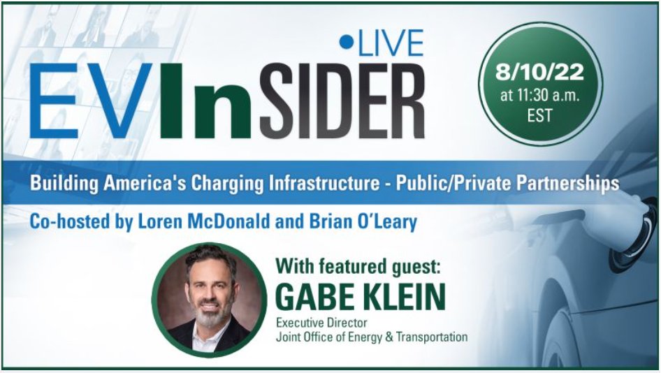 Reminder: EV InSIDER LIVE webcast tomorrow (Thursday) at 11:30 am ET/8:30 am PT with <a href="/gabe_klein/">Gabe Klein</a> 

We'll be talking Joint Office, NEVI, charging infrastructure / reliability, and multimodal transportation.

Don't miss it.

Register/More info: indium.com/corporate/medi…