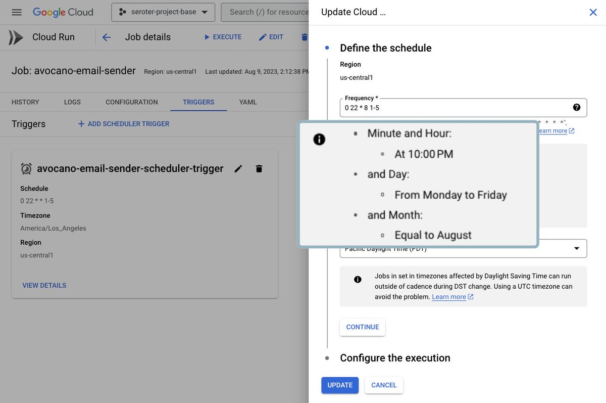 rseroter's tweet photo. It was just a small usability thing, but I was delighted just now when building a @googlecloud Run Job and trying to set a schedule. 

After fumbling through the cron statement, it showed me a preview of what it translated to in "normal" terms. Very nice! https://t.co/VuHDNctJjU