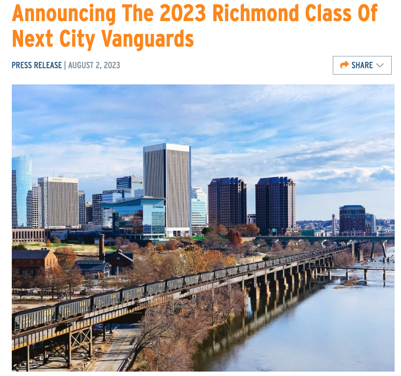 I'm so happy I get to be part of the Next City Vanguard cohort in Richmond in September. Looks like a very cool group of people dedicated to uplifting and strengthening what makes urban life good.#VanguardRichmond
