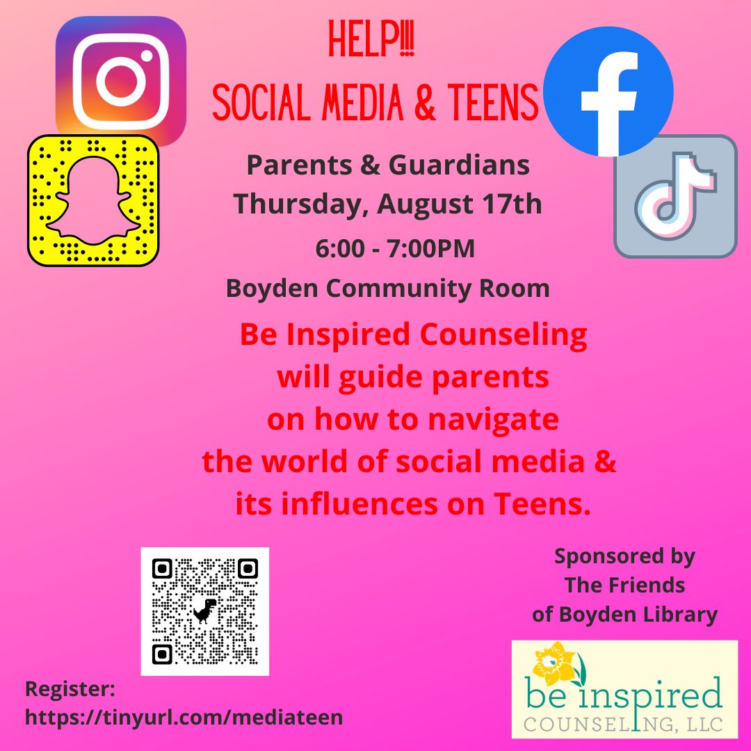 BoydenLibraryFX's tweet image. Social Media is a scary place for a parent or guardian. Be Inspired Counseling will guide parents on how to navigate the world of social media and it's influences on Teens. #socialmedia #beinspired #teens #parents #guardians #librariesofinstagram #publiclibrary #foxboro #ma