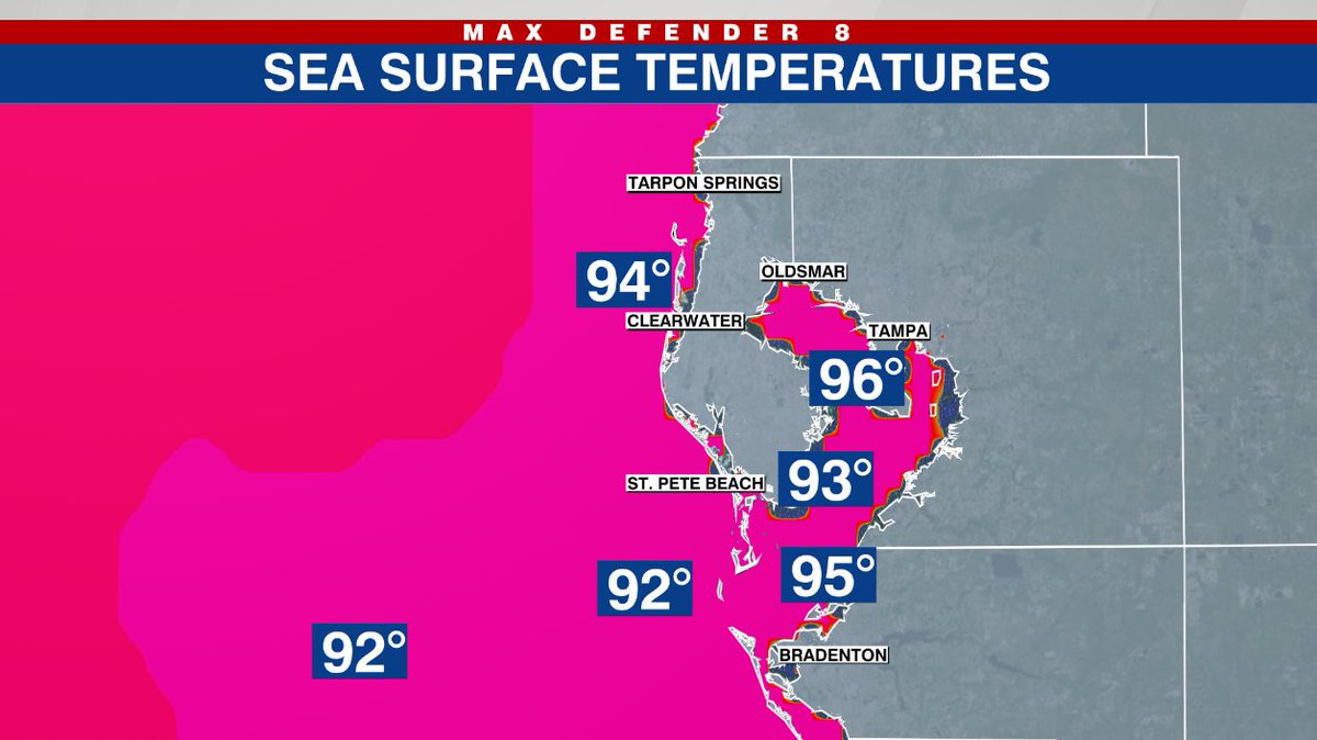 Never seen this before here in the Bay Area. We are accustomed to bath water during summer. It routinely gets to 90 at the Gulf Beaches each summer. But this is another level. No break as air temps stay in the mid 90s for highs through early next week @WFLA