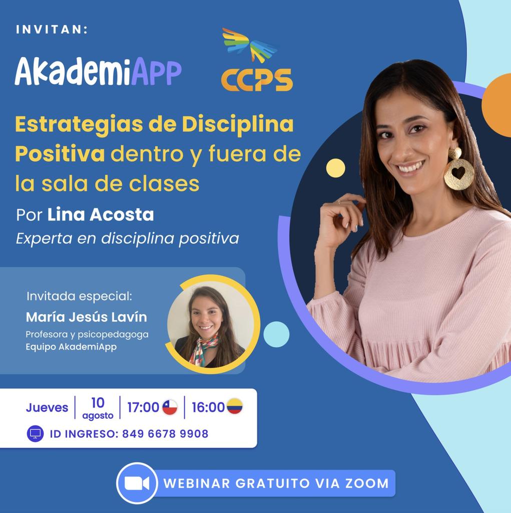 Los esperamos en la próxima  en alianza estratégica con AkademiAPP "Estrategias de Disciplina Positiva dentro y fuera de la sala de clases".
Jueves 10-08 a las 17:00 horas.
Unirse a la reunión Zoom
us02web.zoom.us/j/84966789908