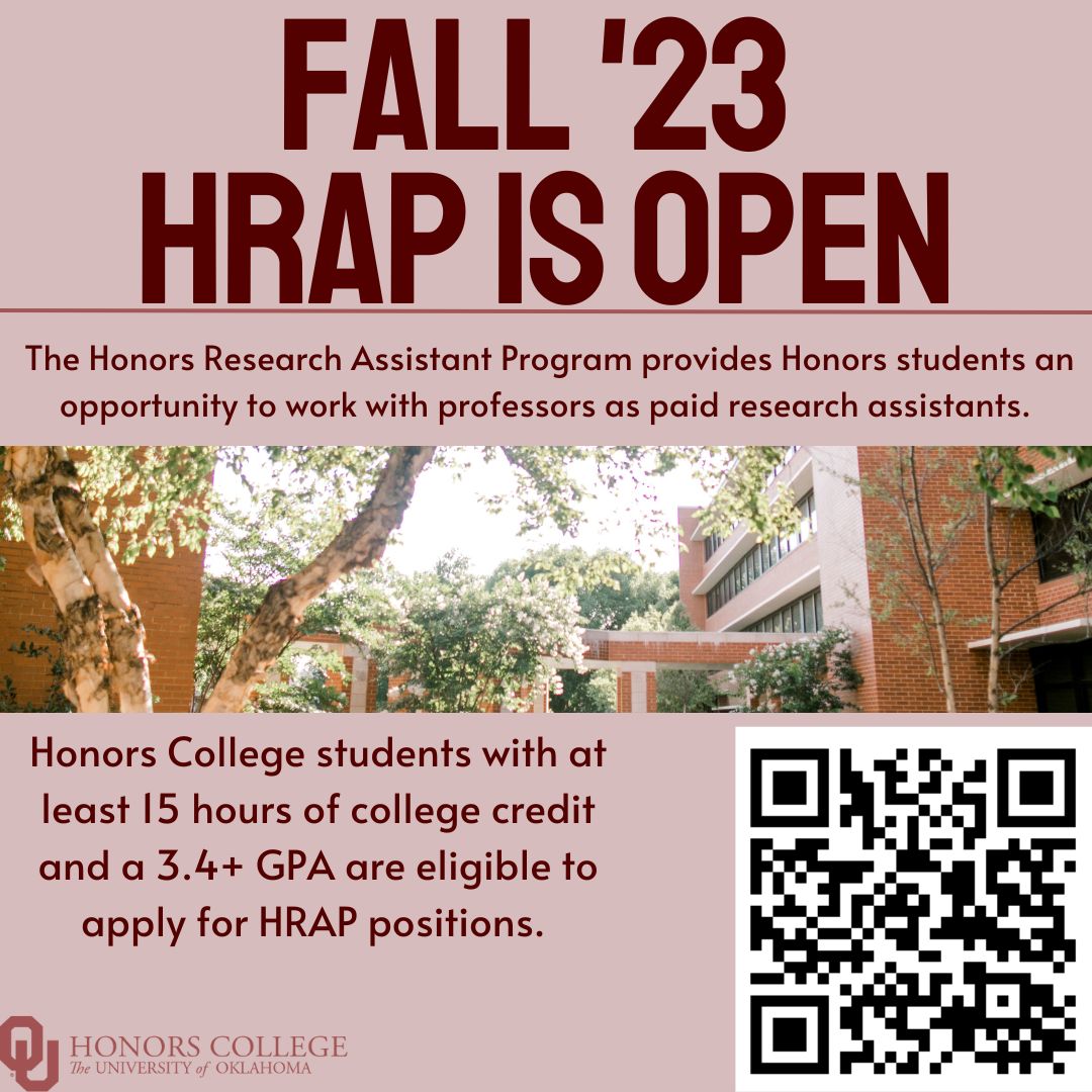 The Fall 2023 HRAP applications are now open. Scan the QR code to check out the research assistant openings available this semester.