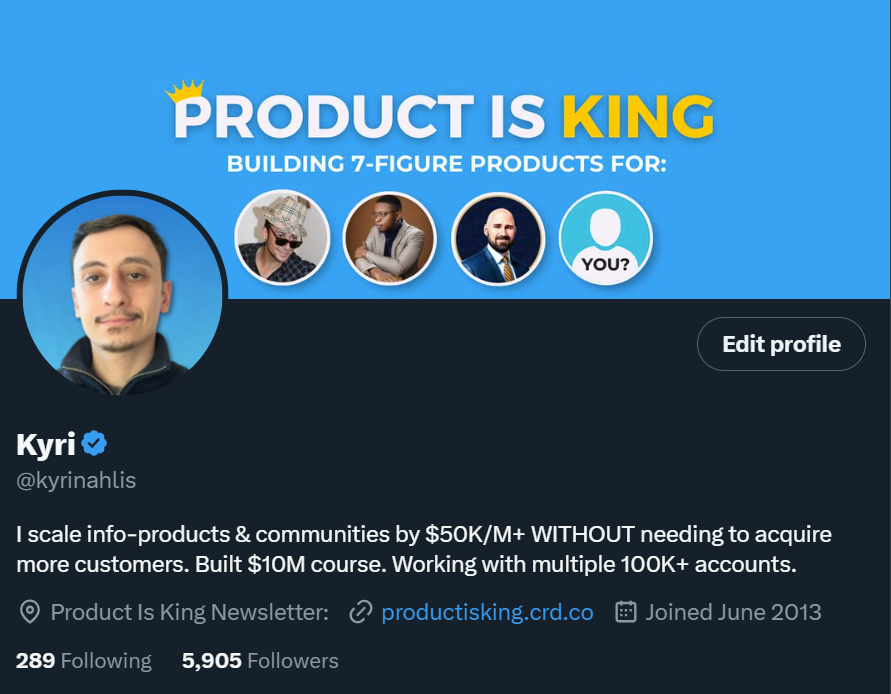 kyrinahlis's tweet photo. So close to 6000 followers.

So, so close...

I entered Money Twitter in February 2023.

- No friends. 
- No network. 
- No brand.

But you know what? 

I never had a moment of real doubt.

Six months later...

A GOAT roster of clients with over 600K followers.

Dream big people.