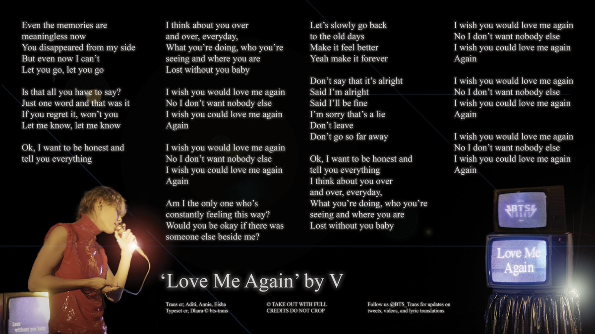 [KOR/ENG LYRICS] Love Me Again by V @BTS_twt #BTS #방탄소년단 #LoveMeAgain #LoveMeAgainbyV #Layover 🔗 bangtansubs.com/love-me-again