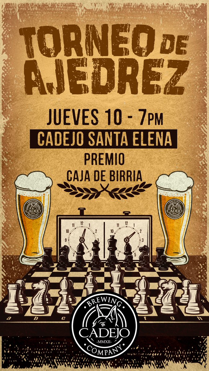 Este es un llamado para todos aquellos que les guste jugar ajedrez 💁‍♀️ 

Torneo de ajedrez para ganarse una caja de birria 🍺

CUPOS LIMITADOS

Reserva tu espacio por mensaje, Instagram o Facebook.