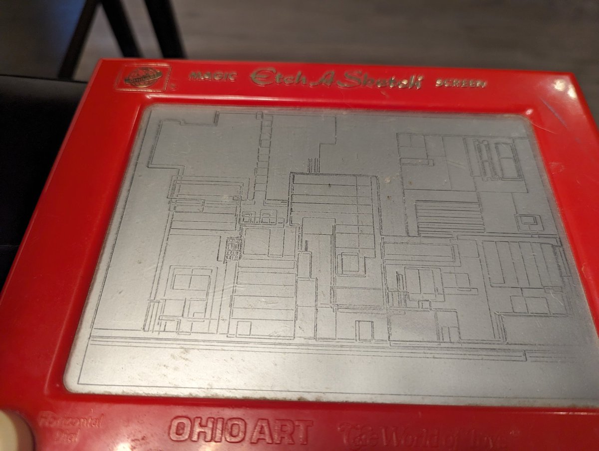 I did an etch a sketch (still in progress) of a skyline based on <a href="/CyberpunkGame/">Cyberpunk 2077</a>