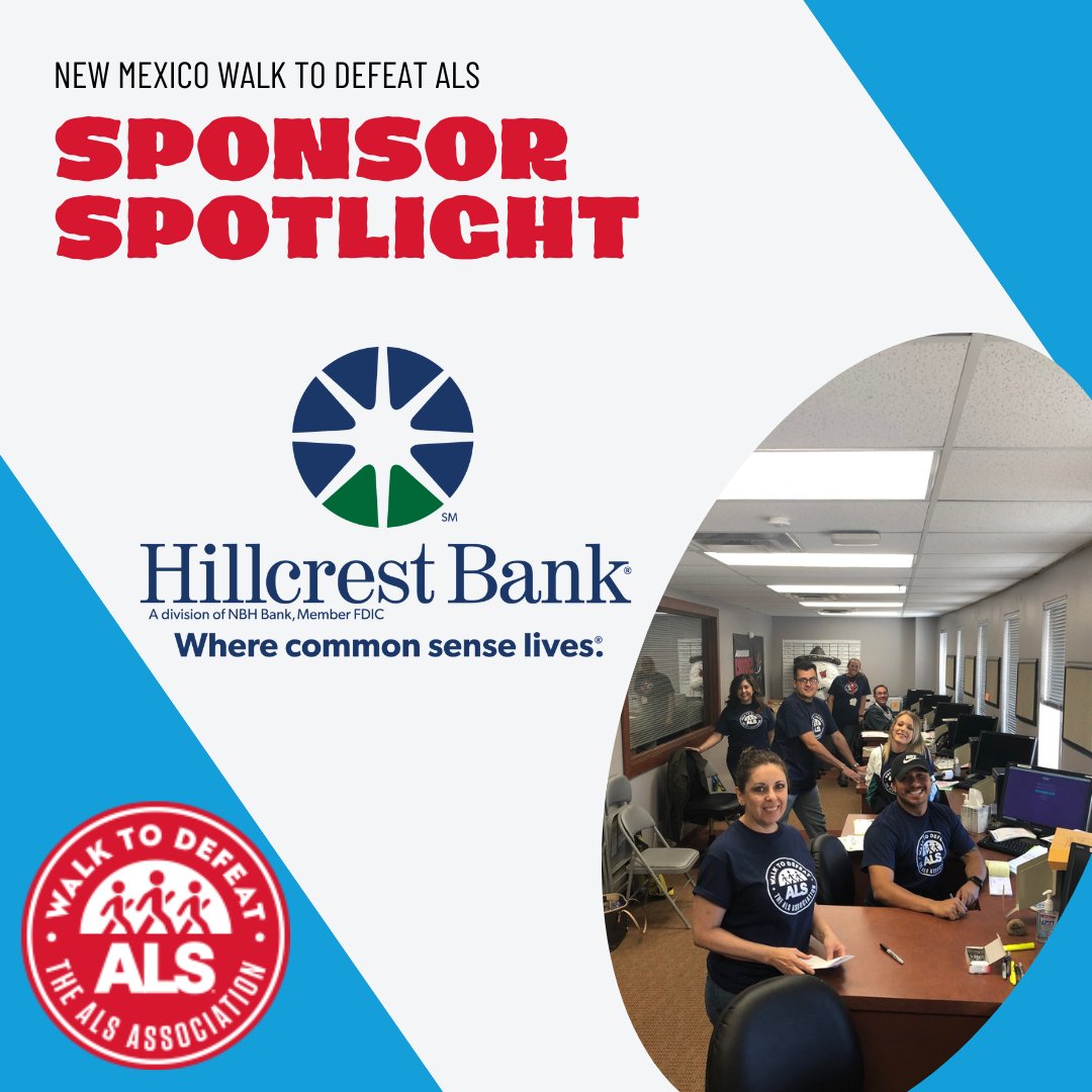 Sponsor Spotlight 🎉

Hillcrest Bank has supported the New Mexico Walk to Defeat ALS since 2018! Every year they volunteer to help collect donations and bring their fantastic staff along to help. We are so thankful for their continued support!

#OurALSCommunity