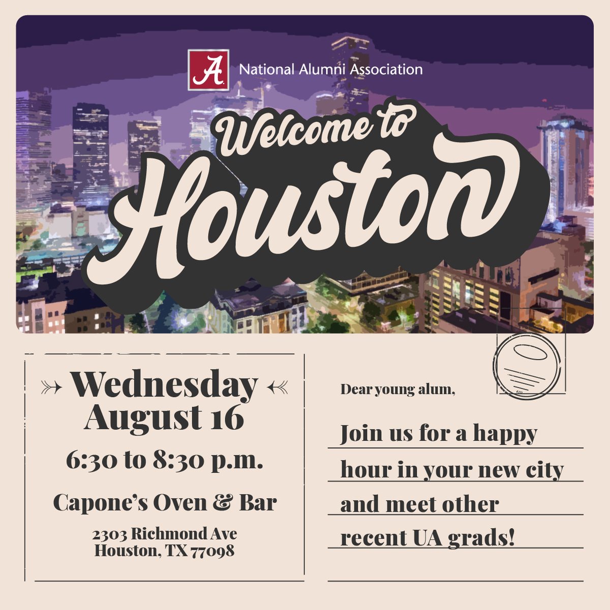 If you're a young alum in Houston, join us next Wednesday at Capone's for free drinks! Plus you'll get to meet other young alums and learn about the local chapter (#dyk they have intramural sports teams?). Can't wait to see you there! 🐘

eventbrite.com/e/welcome-to-t…