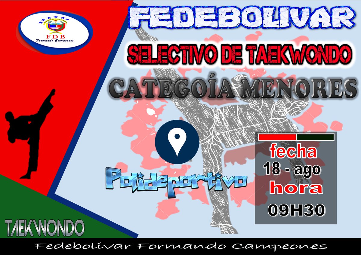 fedebolivar_ec's tweet photo. FEDERACIÓN DEPORTIVA  DE BOLÍVAR
Se invita a las ligas cantonales, clubes y asociaciones deportivas, al selectivo de la disciplina de TKD categoría menores, a desarrollarse este 18 de agosto de 2023, en las instalaciones del polideportivo de la institución a partir de las 09h30 https://t.co/DDjaSaMvFT